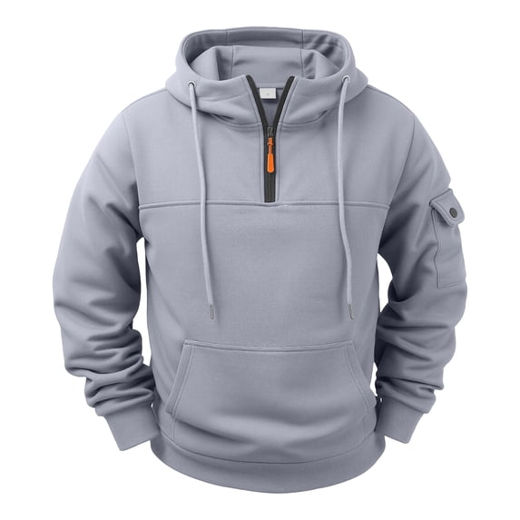 Men’s Quarter Zip Pullover Hoodie, Drawstring Hood Kangaroo Pocket Cargo Sleeve Pocket Long Sleeve Casual Top Light Gray L