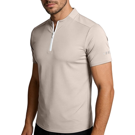 Men's Quarter Zip Pullover Men Running Shirt Slim Fit Short Sleeve Moisture Wicking Quick Dry Athletic Workout Shirts Size 3XL Khaki