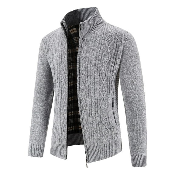 Men's Quarter Zip Pullover - Men's Sweater Coat Zip Front Knitted Wool Jacket Long Sleeve Outdoor Casual Autumn Winter Male Outerwear, Grey, Size L