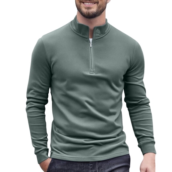 Men's Quarter Zip Pullover Quilted Pullover Casual Solid Color Long Sleeve Mock Neck Sweatshirt Polo
