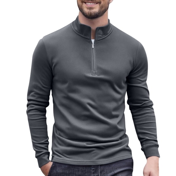 Men's Quarter Zip Pullover Quilted Pullover Casual Solid Color Long Sleeve Mock Neck Sweatshirt Polo