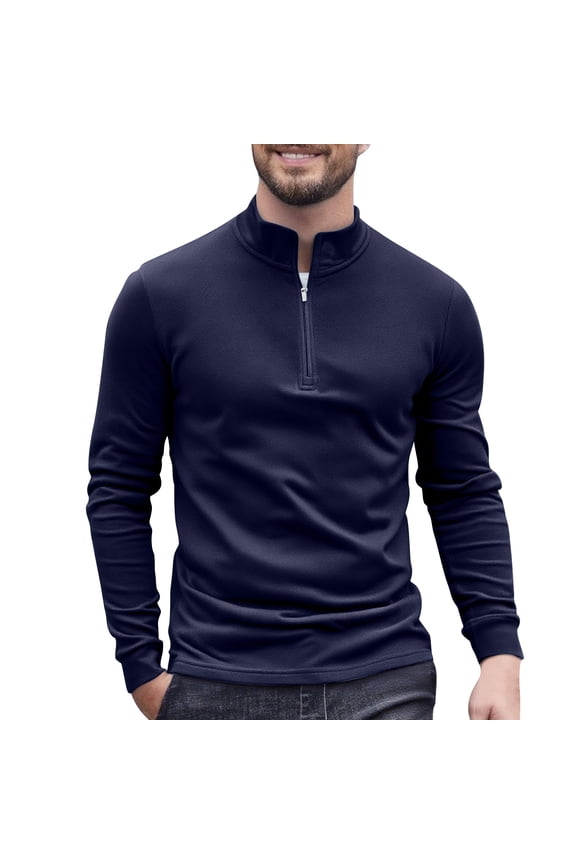 Men's Quarter Zip Pullover Quilted Pullover Casual Solid Color Long Sleeve Mock Neck Sweatshirt Polo