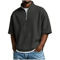 thumbnail image 1 of Men's Quarter Zip Pullover Quilted Sweatshirt Casual Mock Neck Waffle Texture Short Sleeve Polo Shirt Sweater Dark Gray, 1 of 8