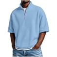 thumbnail image 1 of Men's Quarter Zip Pullover Quilted Sweatshirt Casual Mock Neck Waffle Texture Short Sleeve Polo Shirt Sweater Light Blue, 1 of 8