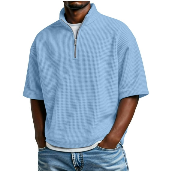 Men's Quarter Zip Pullover Quilted Sweatshirt Casual Mock Neck Waffle Texture Short Sleeve Polo Shirt Sweater Light Blue