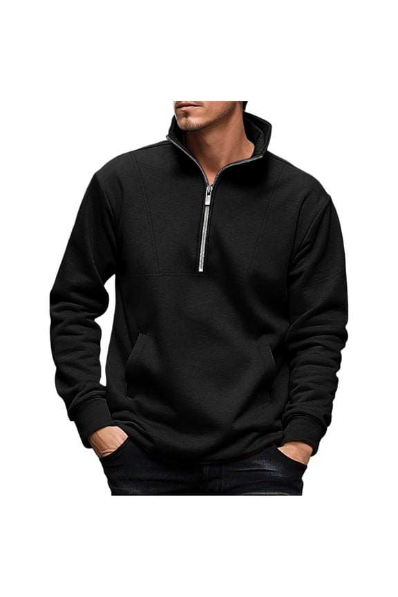 Men's Quarter Zip Pullover Quilted Sweatshirt Pullover Long Sleeve Stand Collar Sweater Solid Color Sweatshirts with Pockets
