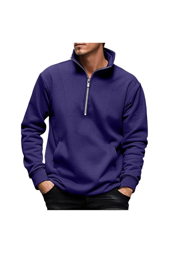 Men's Quarter Zip Pullover Quilted Sweatshirt Pullover Long Sleeve Stand Collar Sweater Solid Color Sweatshirts with Pockets