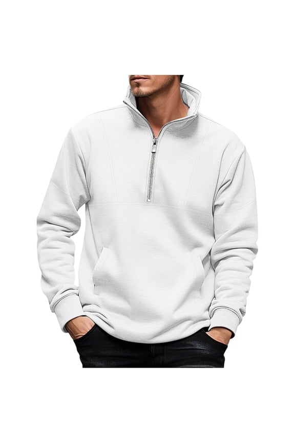 Men's Quarter Zip Pullover Quilted Sweatshirt Pullover Long Sleeve Stand Collar Sweater Solid Color Sweatshirts with Pockets