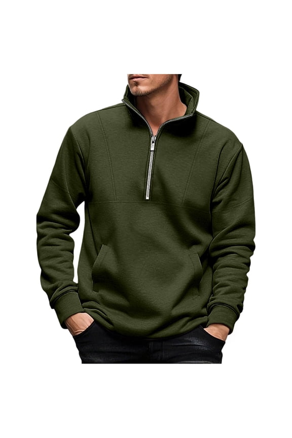 Men's Quarter Zip Pullover Quilted Sweatshirt Pullover Long Sleeve Stand Collar Sweater Solid Color Sweatshirts with Pockets