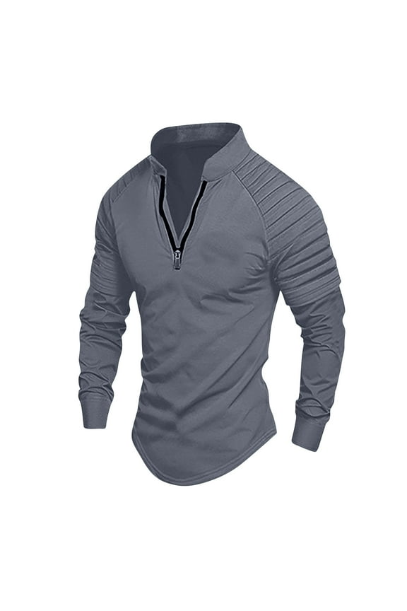 Men's Quarter Zip Pullover Shirt Pleated Henley Sleeve Top Casual Stand Collar Long-Sleeve Sweatshirt for Men (Gray 2XL)