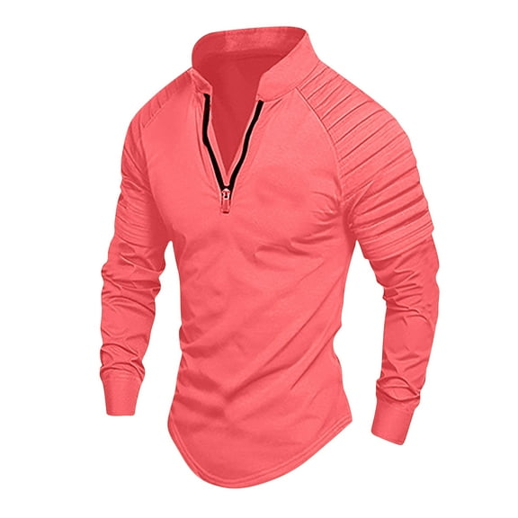 Men's Quarter Zip Pullover Shirt Pleated Henley Sleeve Top Casual Stand Collar Long-Sleeve Sweatshirt for Men (Pink 2XL)
