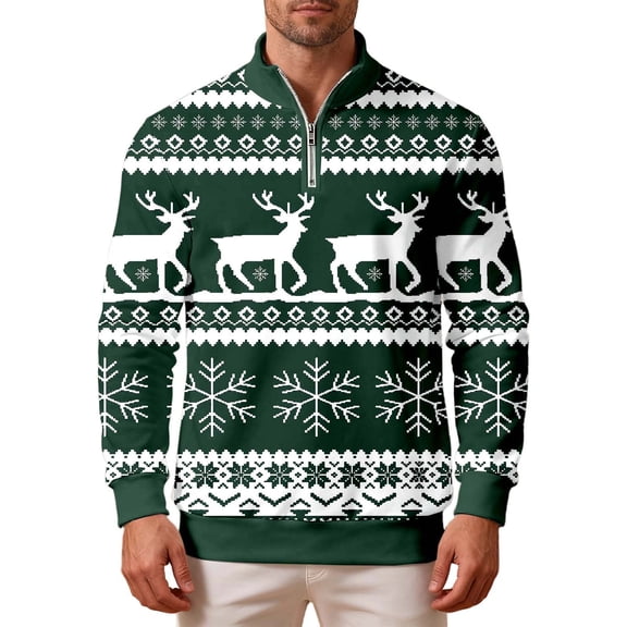 Men's Quarter Zip Pullover Sweater Christmas Print Polo Knit Sweater Color: Dark Green Size: S