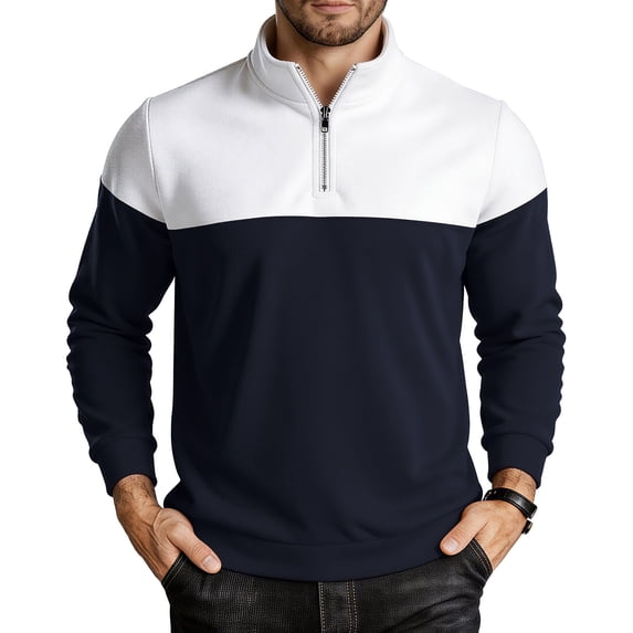 Men's Quarter Zip Pullover Sweatshirt Color Block Standing Collar Long Sleeve Loose Fit Athletic Top Casual Fashion Solid Patchwork Soft Sweatshirt