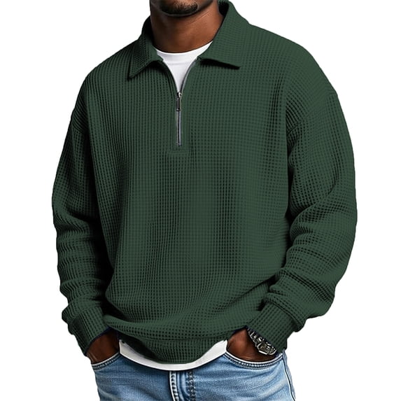 Men's Quarter Zip Pullover Sweatshirt Solid Waffle Long Sleeve Casual Business Knit Sweater