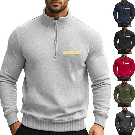 Men's Quarter Zip Pullover Sweatshirt, Stand Collar Fleece Lined Casual Winter Fall Solid Top with Pocket for Daily Use and Outdoor Leisure,Army Green,L