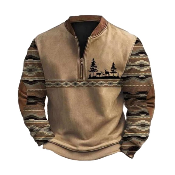 Men's Quarter Zip Pullover Western Aztec Jackets Vintage Graphic Print Sweatshirt Cozy Knit Stand Collar Casual Lounge Wear Hoodie 2026 Khaki M