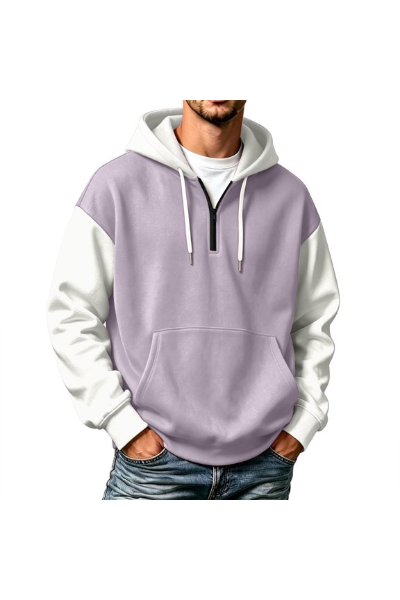 Men's Quarter Zip Raglan Long Sleeve Pullover Hoodies Color Block Drawstring Sweatshirt with Pocket Casual Workout Fall Sweat Tops Light pink XXXL