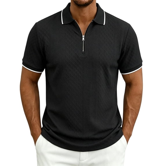 Men's Quarter Zip Shirt, Textured Jacquard Short Sleeve Golf Tops, Casual Regular Fit Summer Collared Shirts for Men, S-3XL
