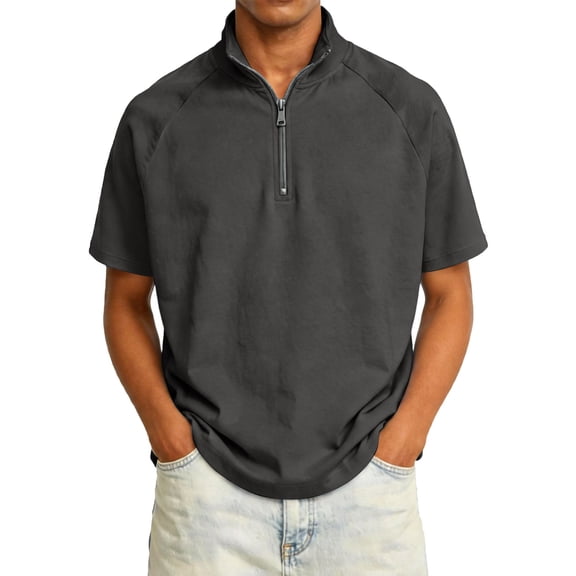 Men's Quarter Zip Short Sleeve Shirts Stand Collar Relaxed Fit Tops for Golf Daily Summer All-Match Outfits Black XL