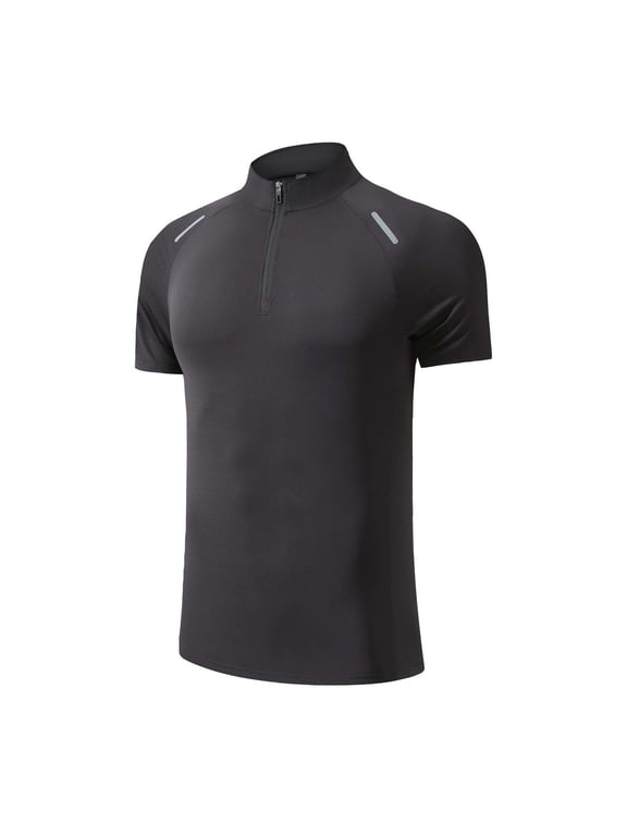 Men's Quarter-Zip Sports T-Shirt, Raglan Sleeve Performance Wear Seamless Stretchy Ice Silk Breathable Fitness, Running Training Tee Tops Black 3XL
