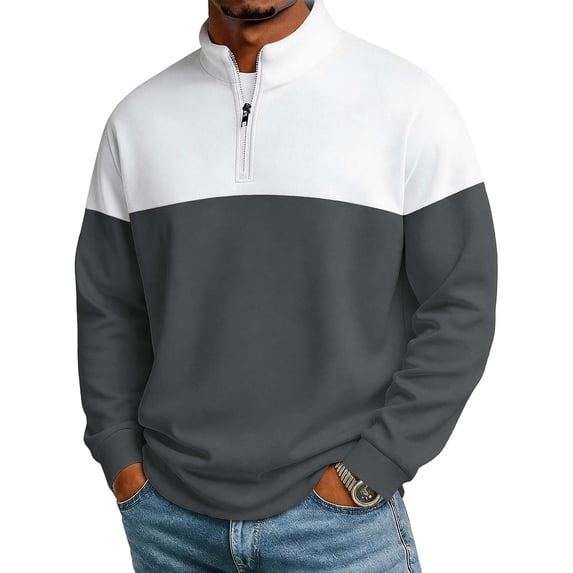 Men's Quarter Zip Stand Collar Sweatshirt Color Block Soft Comfortable Pullover Fall Tops for Outdoor Daily Casual Wear Dark Gray M