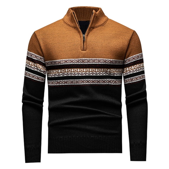 Men's Quarter Zip Sweater Vintage Pullover Striped Mock Neck Sweatshirts Casual Slim Fit Lightweight Long Sleeve Tops (S, Khaki)