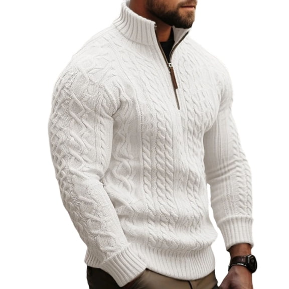 Men's Quarter Zip Sweater Waffle Knit Sweater Mock Neck Sweater Casual Pullover Cable Knit Sweater White XL