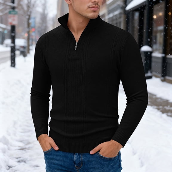 Men's Quarter Zip Sweaters Casual Loose Fit Crew Neck Sweatshirt Fashion Solid Color Comfoy Winter Soft Warm Knit Pullover Tops Black XXL
