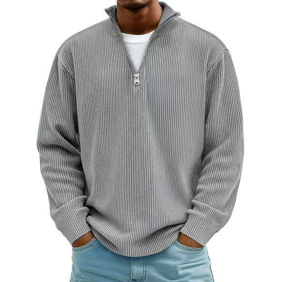Men's Quarter Zip Sweaters, Men's Casual Fashion Long-Sleeve Ribbed Stand-Up Collar Quarter-Zip Top, Quarter Zip Pullover
