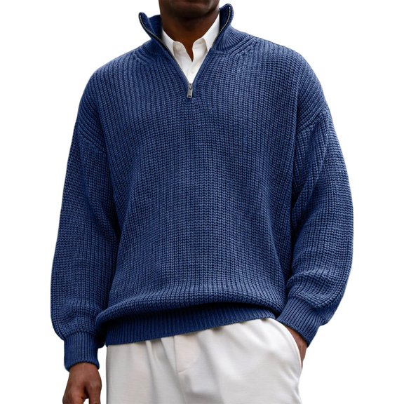 Men's Quarter Zip Sweaters Slim Fit Mock Neck Pullover Sweaters Lightweight Knitted Sweater Navy L