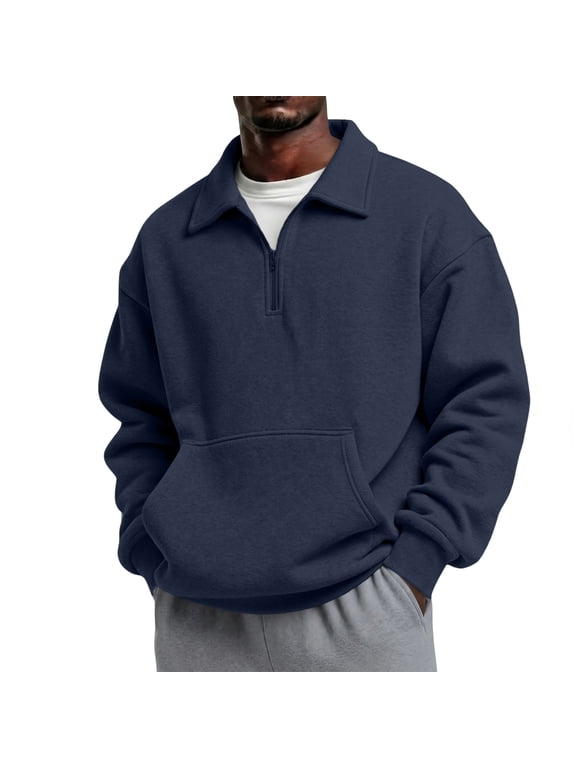 Men's Quarter Zip Sweatshirt Collared Pullover Top with Kangaroo Pocket Relaxed Casual Fall Sweatshirts