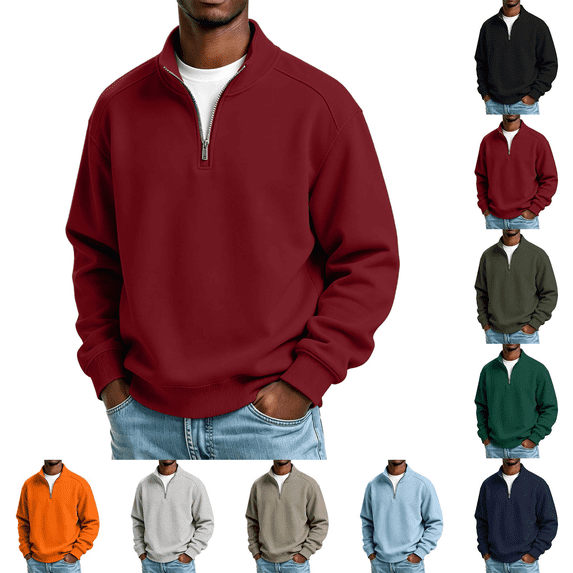 Men's Quarter Zip Sweatshirt Solid Color Long Sleeved Mock Neck Basic Top Casual Pullover Shirts Winter Fashion Clothing