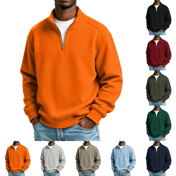 Men's Quarter Zip Sweatshirt Solid Color Long Sleeved Mock Neck Basic Top Casual Pullover Shirts Winter Fashion Clothing