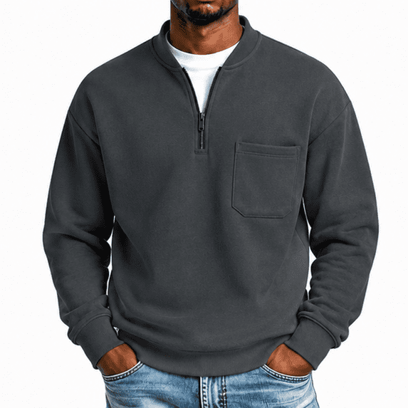Men's Quarter Zip Sweatshirt Stand Collar Pullover Top with Chest Pocket Relaxed Fit Casual Sweatshirts