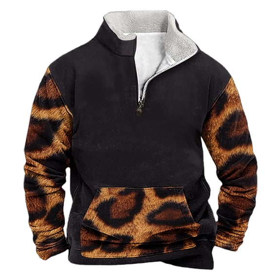 Men's Quarter Zip Sweatshirts Casual Mock Neck Pullover Long Sleeve Solid Geometric Texture Sweatshirt Men Casual Fashion Stand Collar Halloween Leopard Print Zipper Pullover Tops Sweatshirt