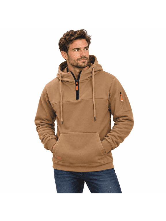 Men's Quarter Zip Tactical Hoodie with Multi Pockets, Casual Long Sleeve Pullover for Fall Winter, G06 - Khaki, Small
