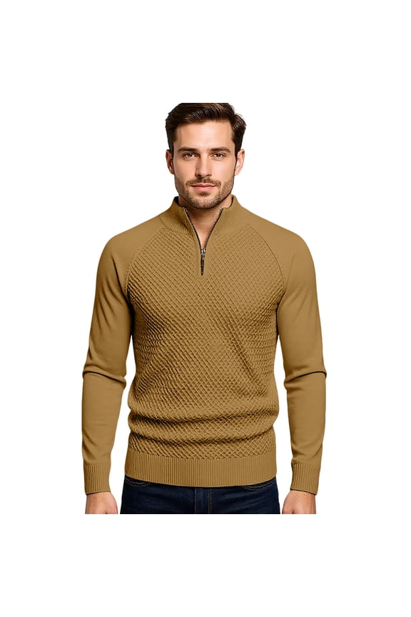 Men's Quarter Zip Textured Knit Sweater Long Sleeve Mock Neck Casual Work Top