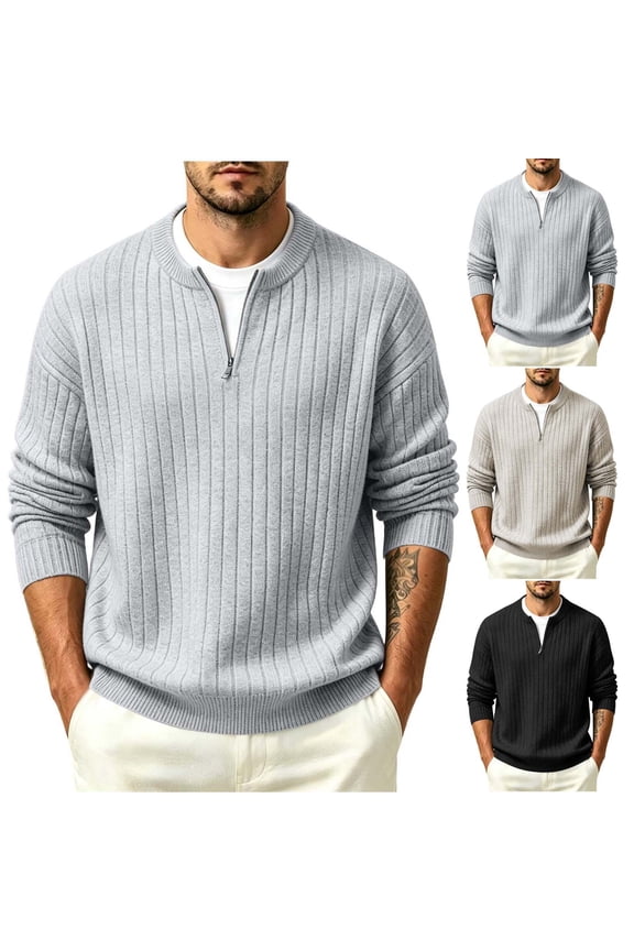 Men's Quarter Zip Textured Sweaters, Stretch Mock Collar Pullovers, Long Sleeve Ribbed Cuff Soft Casual Daily Tops Fall Winter Gray M-3XL by Zenithor