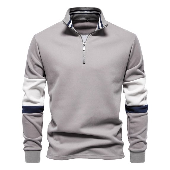 Men's Quarter Zip Up Pullover Sweatshirt Loose Stand Collar Long Sleeve Tops Fall Casual Color Match Shirt (Gray S)