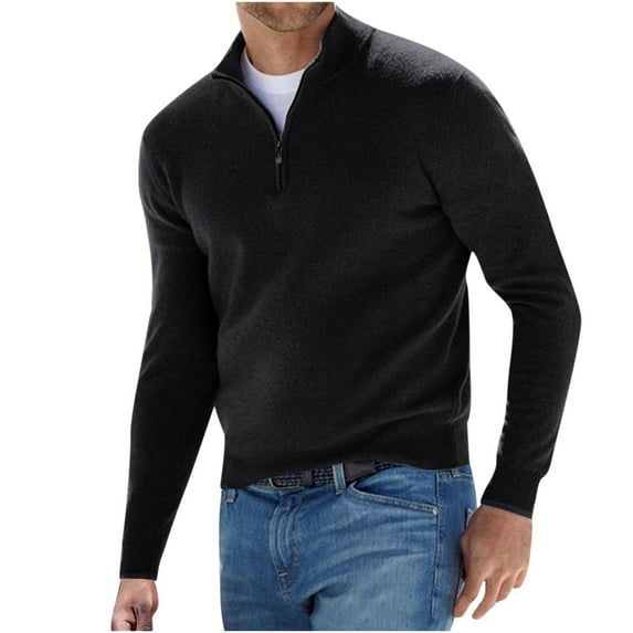 Men's Sweater 1/4 Zip Up Striped Pullover Fall Winter Solid Color Polo Sweatshirts Lightweight Mock Neck Sweaters