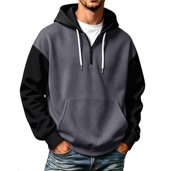 Men's Quarter Zip up Hoodie Color Block Raglan Long Sleeve Drawstring Pullover Sweatshirt with Pocket Casual Athletic Fall Hooded Tops Dark Gray XL