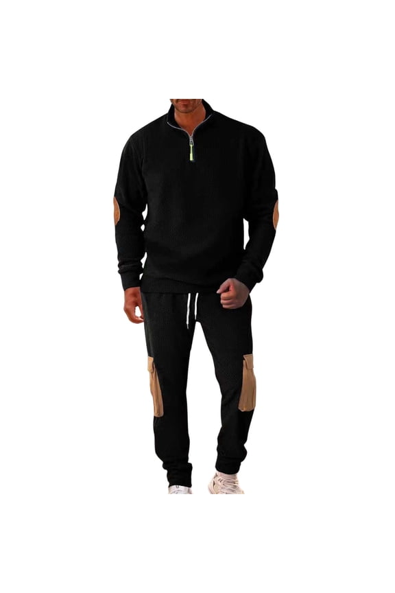 Men's Quarter Zipper Jacket and Drawstring Pants Set Regular Fit Stand Collar Elbow Patchwork Tracksuit with Pocket