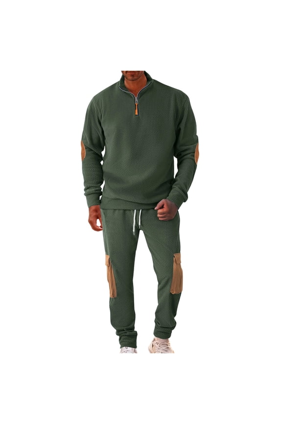 Men's Quarter Zipper Jacket and Drawstring Pants Set Regular Fit Stand Collar Elbow Patchwork Tracksuit with Pocket