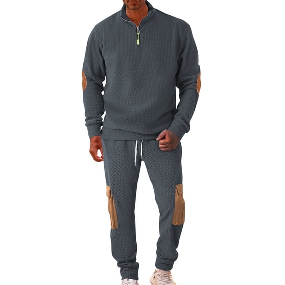 Men's Quarter Zipper Jacket and Drawstring Pants Set Regular Fit Stand Collar Elbow Patchwork Tracksuit with Pocket