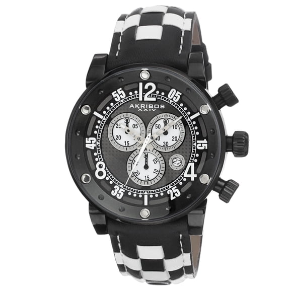Akribos XXIV Men's Quartz Chronograph Checkered Leather Black Strap Watch