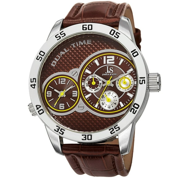 Men's Quartz Dual-Time Multifunction Leather Brown Strap Watch
