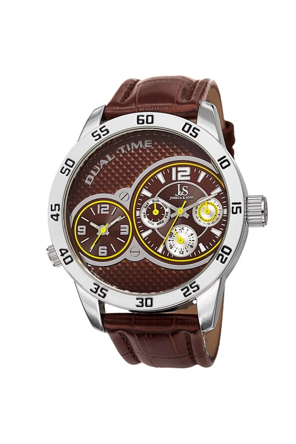 Men's Quartz Dual-Time Multifunction Leather Brown Strap Watch