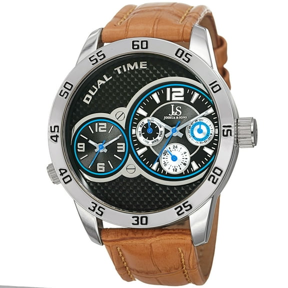 Men's Quartz Dual-Time Multifunction Leather Silver-Tone Strap Watch