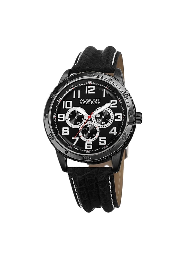 Men's Quartz Multifunction Leather Black Strap Watch