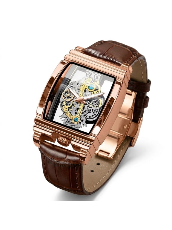 Men's Quartz Skeleton Wrist Watch, Luxury Rose Gold Square Business Dress Watch with Brown Leather Strap